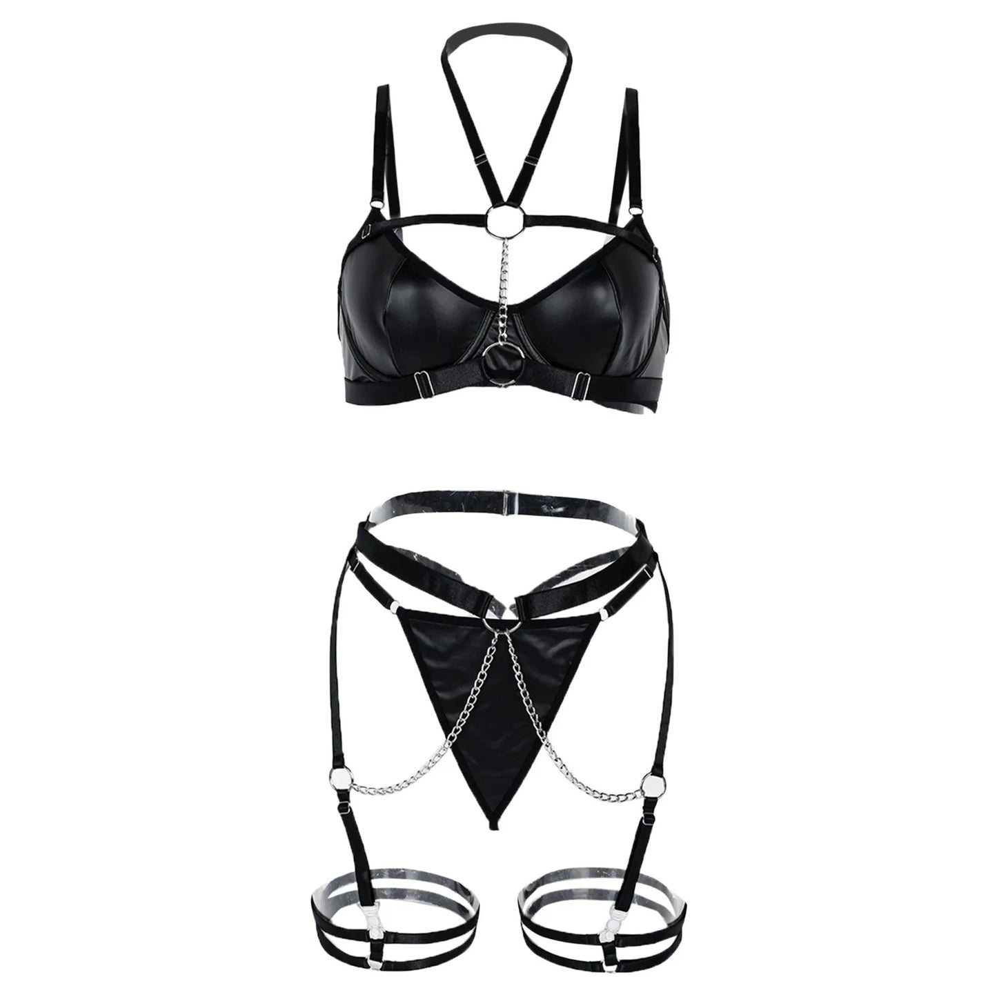 Ensemble de lingerie sexy en simili cuir avec harnais et chaînes