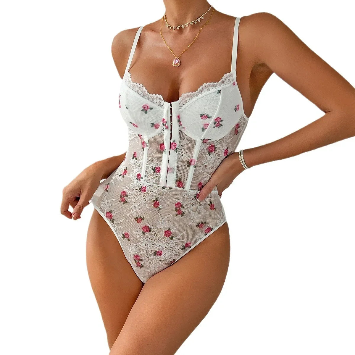 Floral lace bodysuit with delicate embroidery