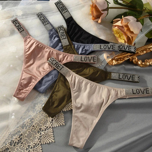 Sexy Satin Strings with Rhinestone Belt "LOVE" - 11 Colors Available